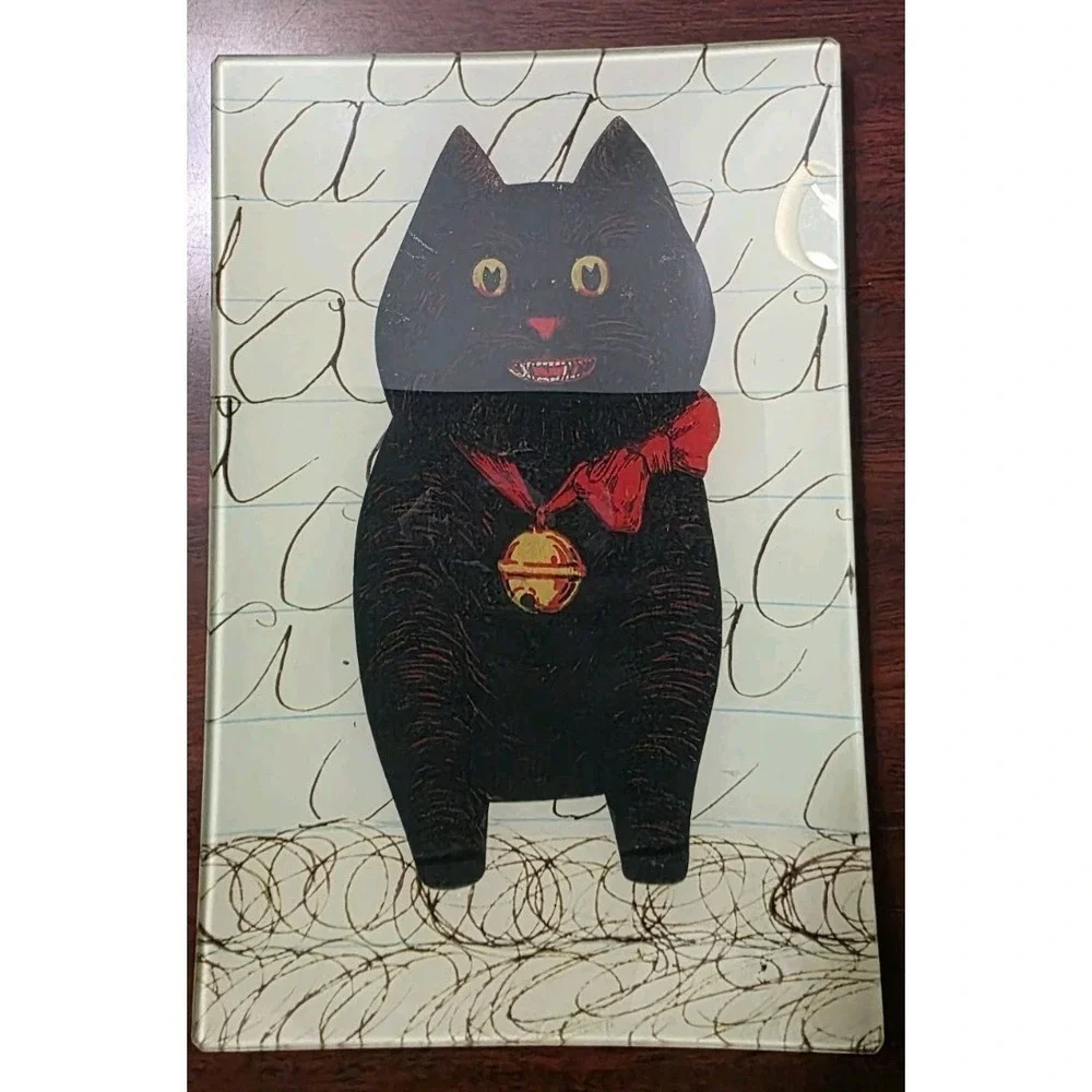 John Derian Decoupage Glass Tray Black Cat Red Bow Bell 6x9 Rectangle New York